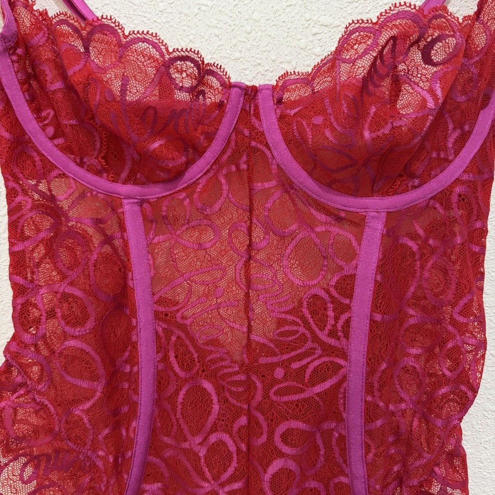 Savage X Fenty Red Pink Lace Bodysuit Ribbon Writing Lace Teddy Size Small - Picture 2 of 8